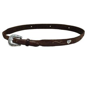 Tony Lama Rustic Leather Belt Embossed Heart Concho Accents Silver Buckle sz 30‎